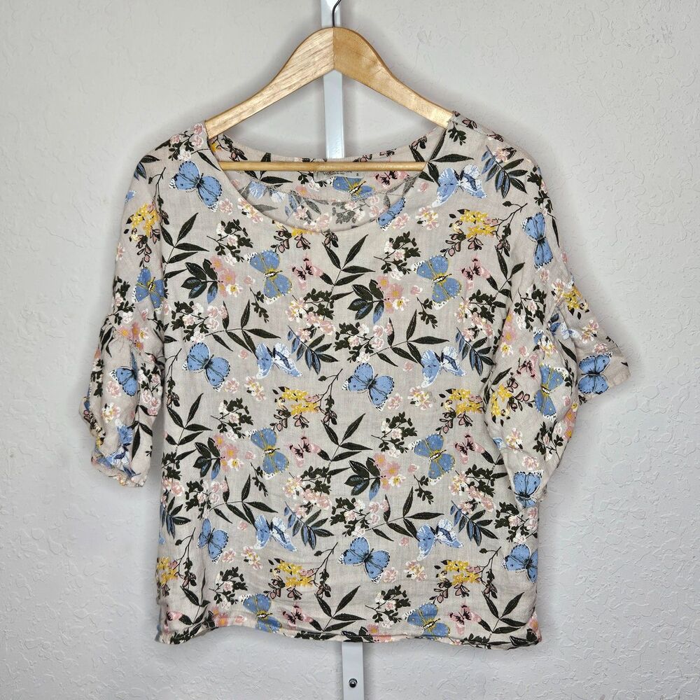 Viola Borghi Italy Top Butterfly Floral Print Blouse 100% Linen Size Small